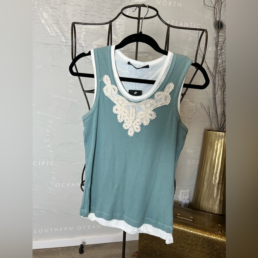 NWT Robert Rodriguez Teal double tank ivory embroidery L